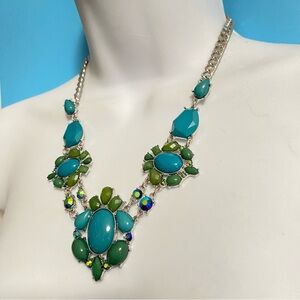 Silver Tone Statement Necklace Blue Green Acrylic Cabachons